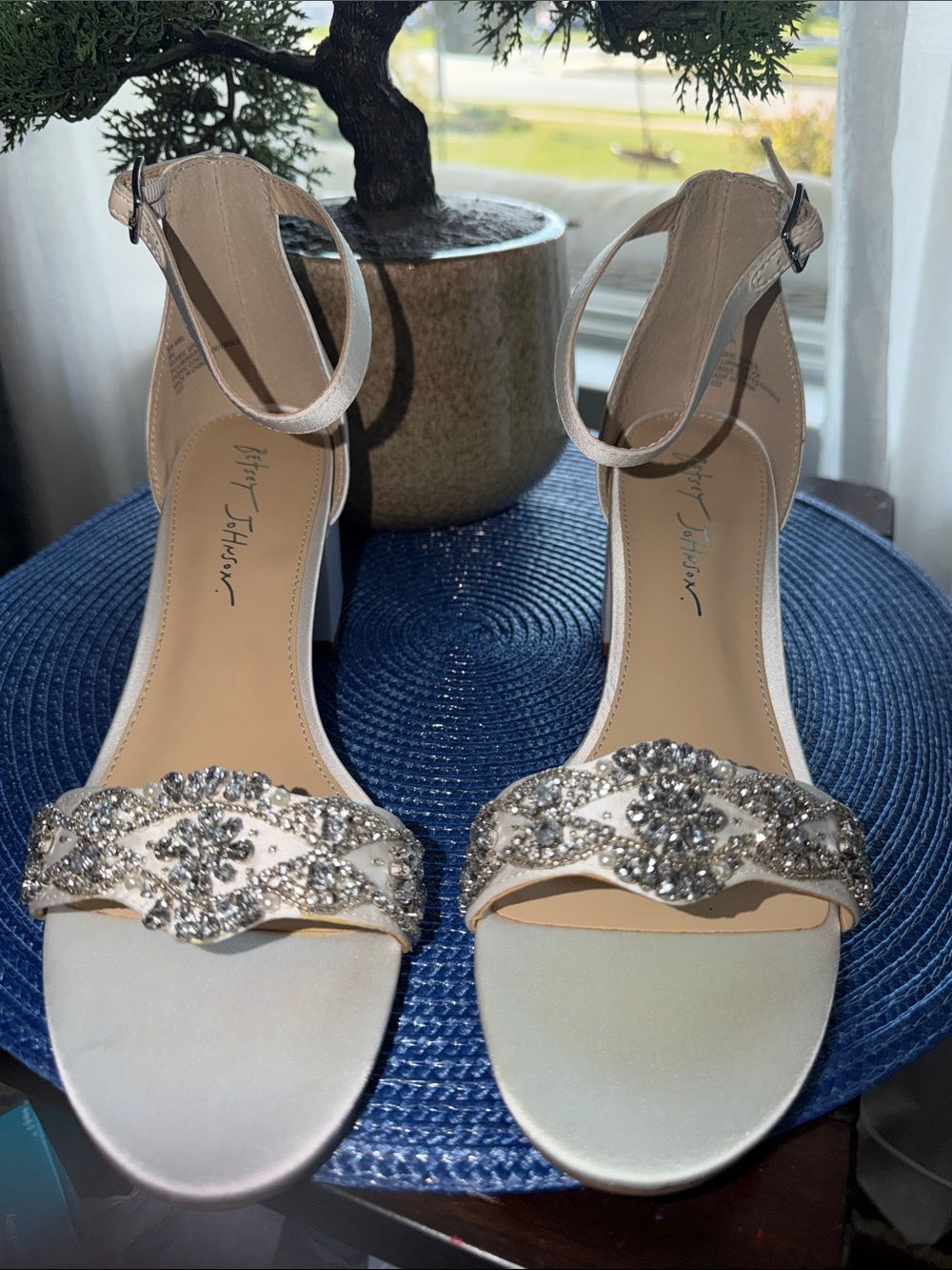 Betsey Johnson Ivory/Champagne Beaded Ankle-Strap Heels